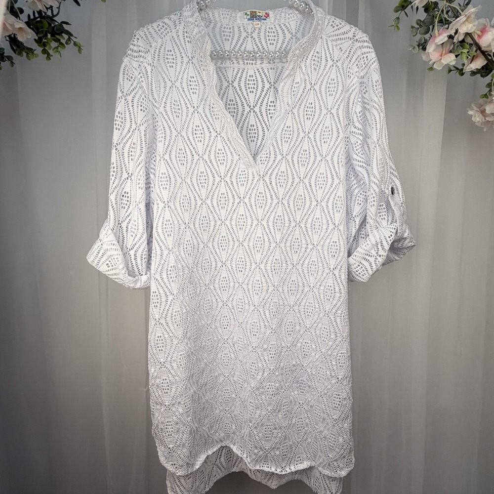 India Boutique One Size Womens White Open Knit Swim Cover Short Sleeve Tie Beach